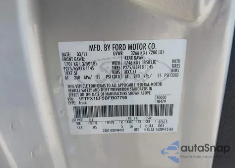 2011 Ford F-150 Xlt z USA, uszkodzony, nr VIN 1FTFX1EF5BFB07795